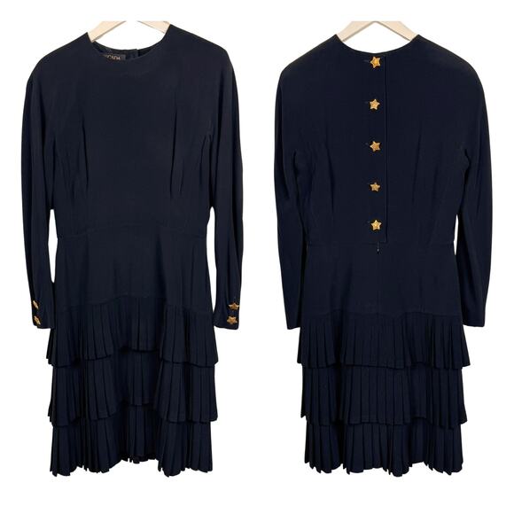 Escada Vintage Black Gold Star Buttons Dress 1980s Iconic Couture Size 40 - Picture 1 of 11